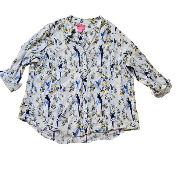 Isaac Mizrahi Tops - Isaac Mizrahi Blue White Yellow 100% linen button down blouse Bird Parrot Lemon